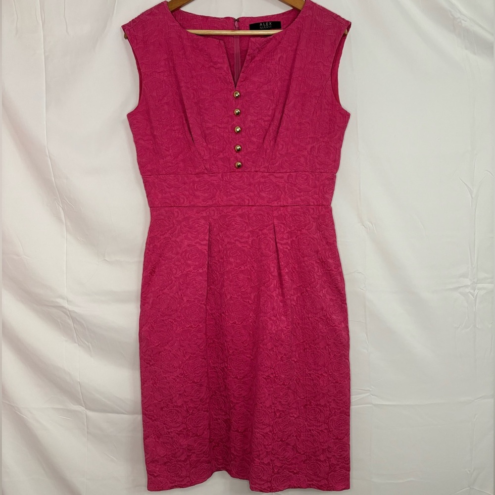 Alex Marie Hot Pink Pleated Sheath Dress with Notched V-Neck & Gold Buttons - 6
